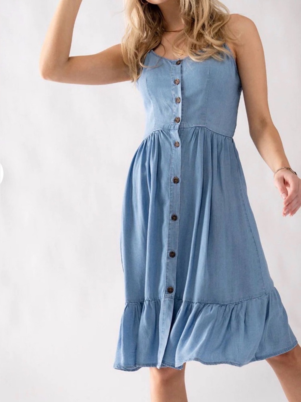 Japna Chambray Denim Sundress Size Large Blue 100% Cotton Ruffle Hem Dress